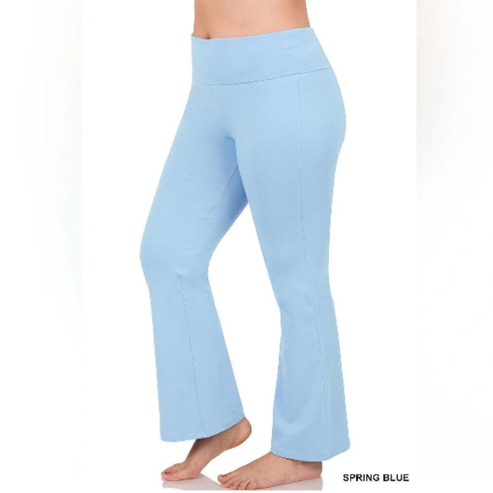 ZENANA PLUS PREMIUM COTTON FOLD OVER YOGA FLARE PANTS SPRING BLUE S-M-L-XL